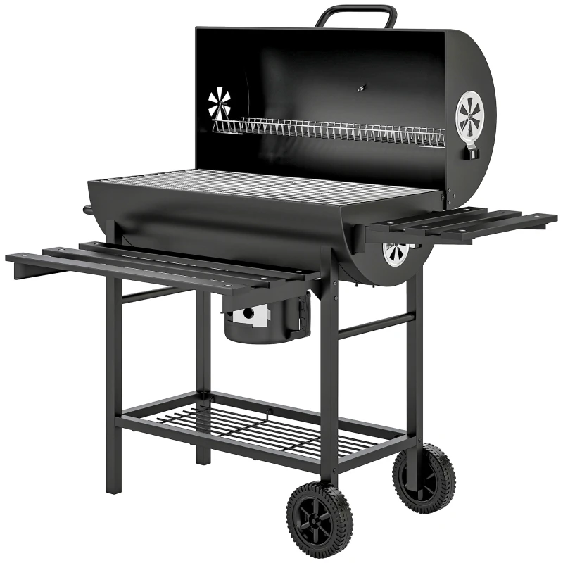 Outsunny Churrasqueira a Carvão em Aço BBQ Smoker com Tampa Alças Termómetro Rodas Móvel 114 x 65 x 95 cm