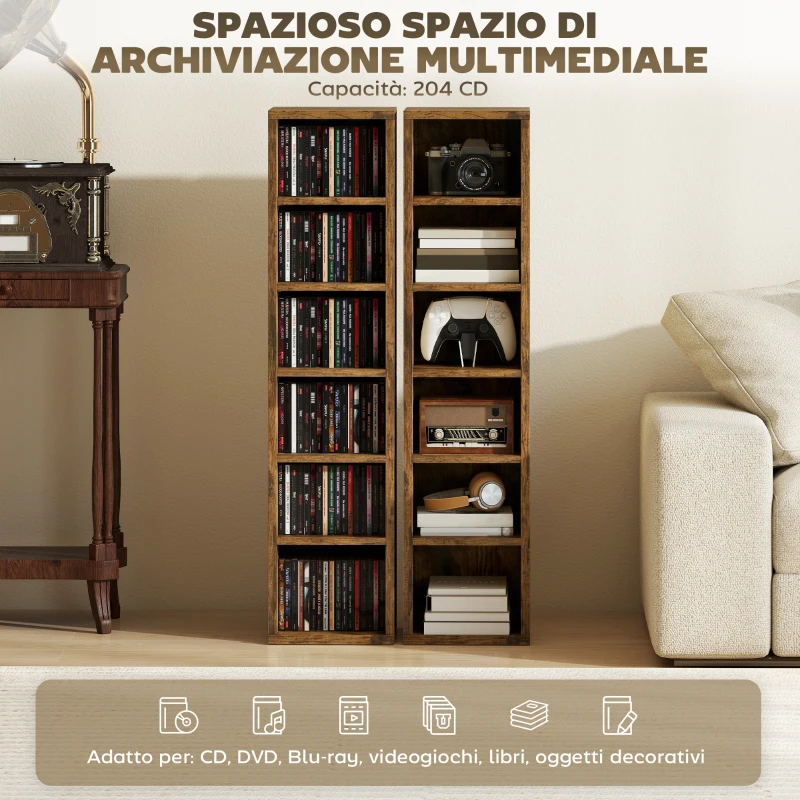 HOMCOM Set 2 Mobili Porta CD con Ripiani Regolabili per 204 CD in Legno, 21x22.5x88.5 cm, Marrone Rustico