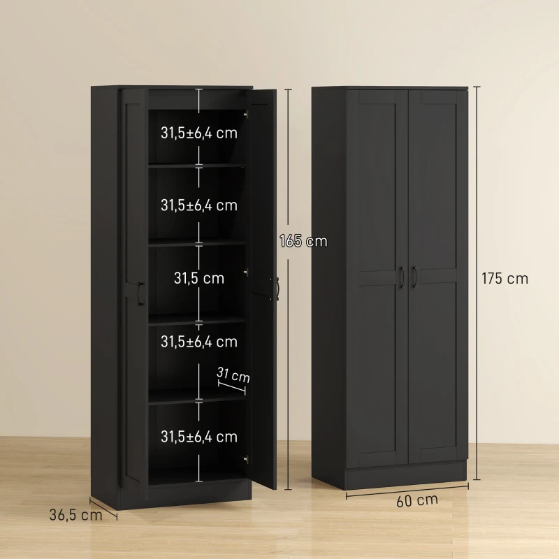 HOMCOM Armario 2 puertas mueble de almacenaje con 5 estantes, estilo contemporáneo, 60L x 36,5l x 175H negro