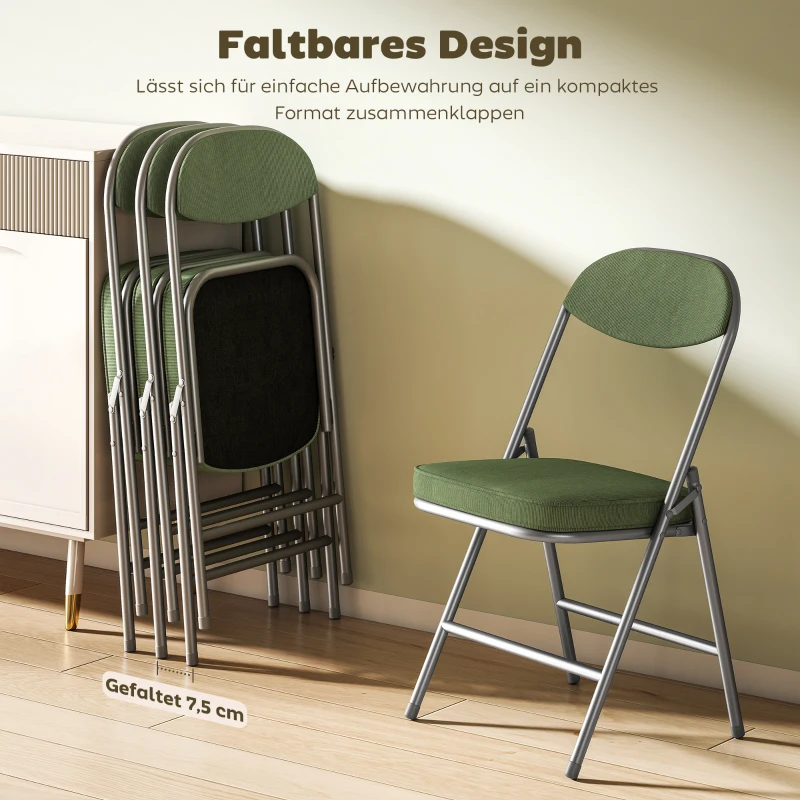 HOMCOM 4er-Set gepolsterte Klappstühle, Faltbare Stühle mit Cordbezug, Rückenlehne, Metallrahmen, Grün