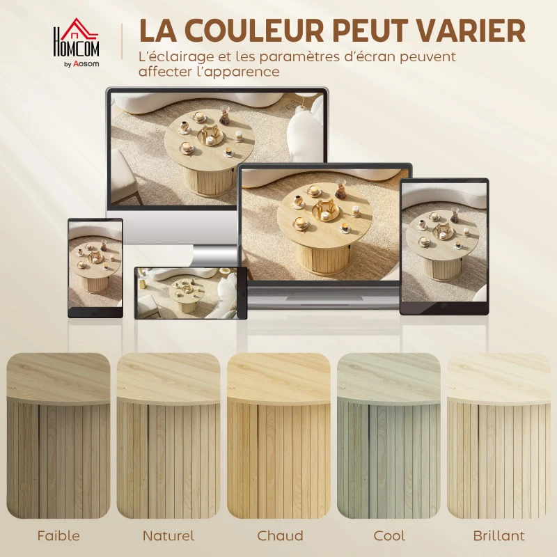 HOMCOM Mesa de centro redonda, mesa de salón con almacenamiento, puerta corredera de listones, 2 estantes, efecto madera natural