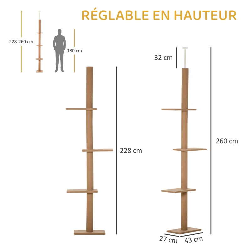PawHut Arbre à chat poteau à griffer hauteur réglable dim. 43L x 27I x 228-260H cm 4 niveaux d'activités marron