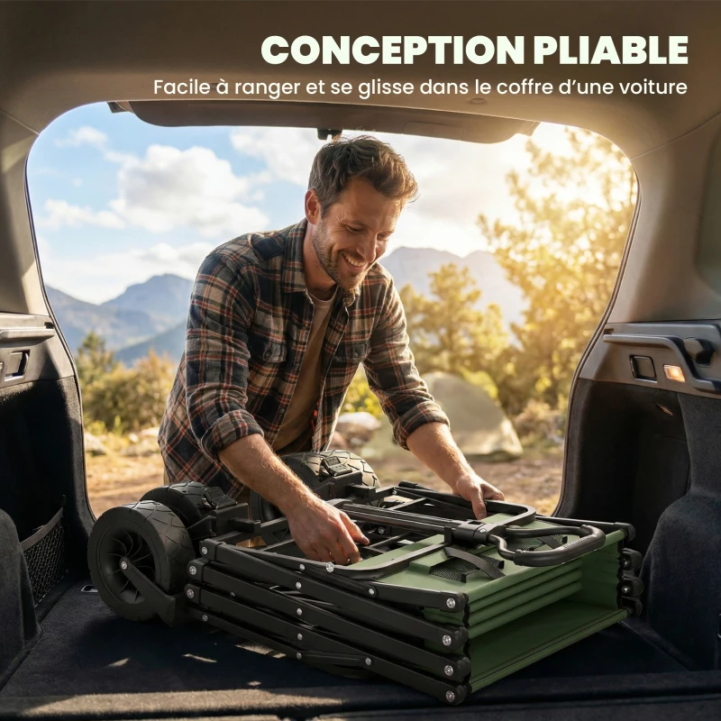 Outsunny Carro de Jardín Plegable 130L con Ruedas, Remolque Robusto con Frenos, Asa Regulable, verde