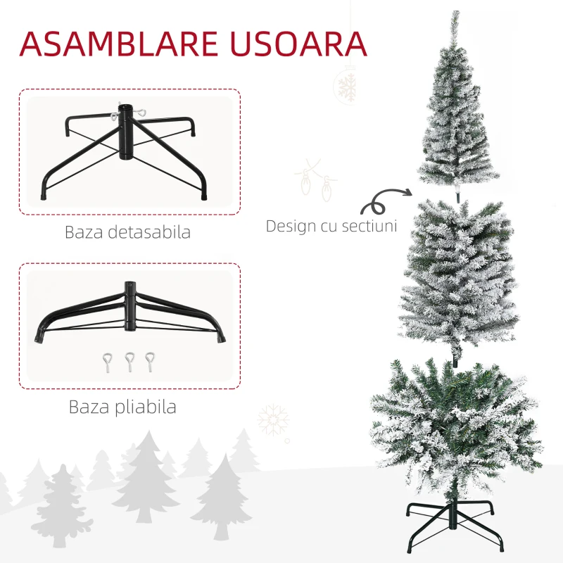 HOMCOM Brad de Crăciun artificial cu zăpadă din PP verde, 738 ramuri ignifuge și bază din oțel inoxidabil, Ø68x225 cm