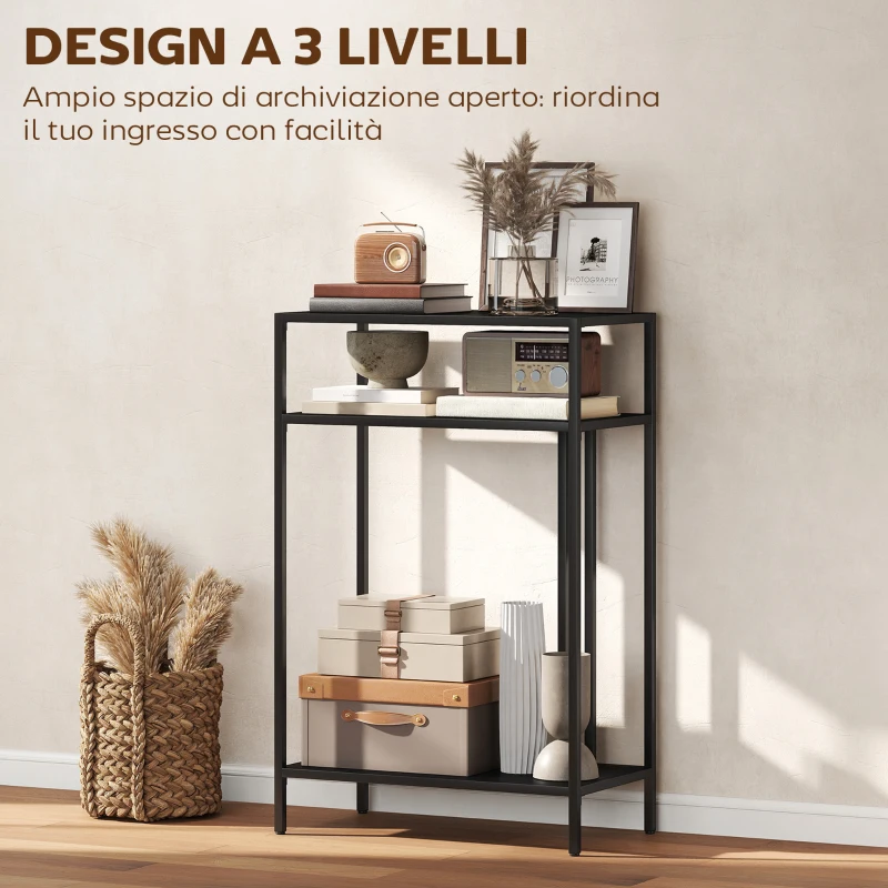 HOMCOM Tavolo Consolle con Ripiani Aperti a 3 Livelli, in Acciaio, 55x30x85 cm, Nero