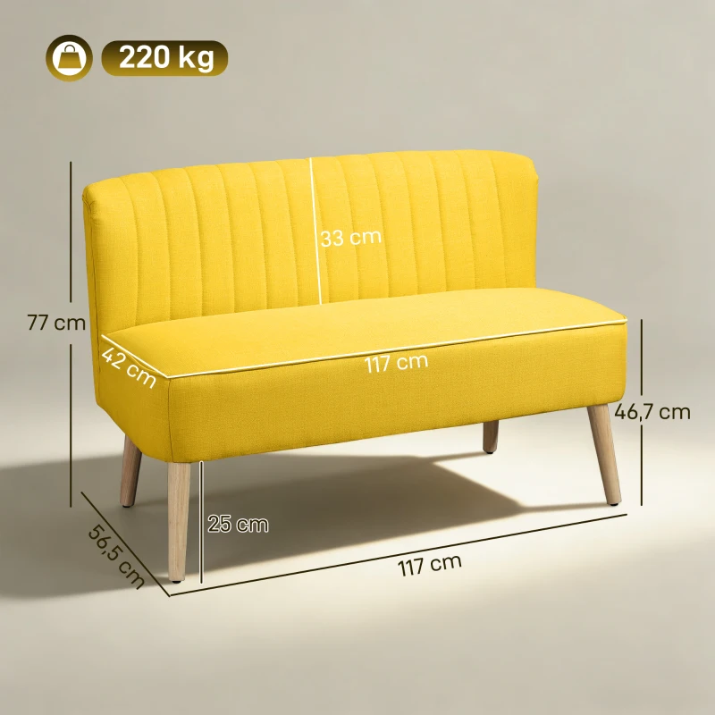 HOMCOM Sofá 2 Lugares em Tecido Efeito Linho Sem Braços com Pés em Madeira, 117x56.5x77 cm, Amarelo
