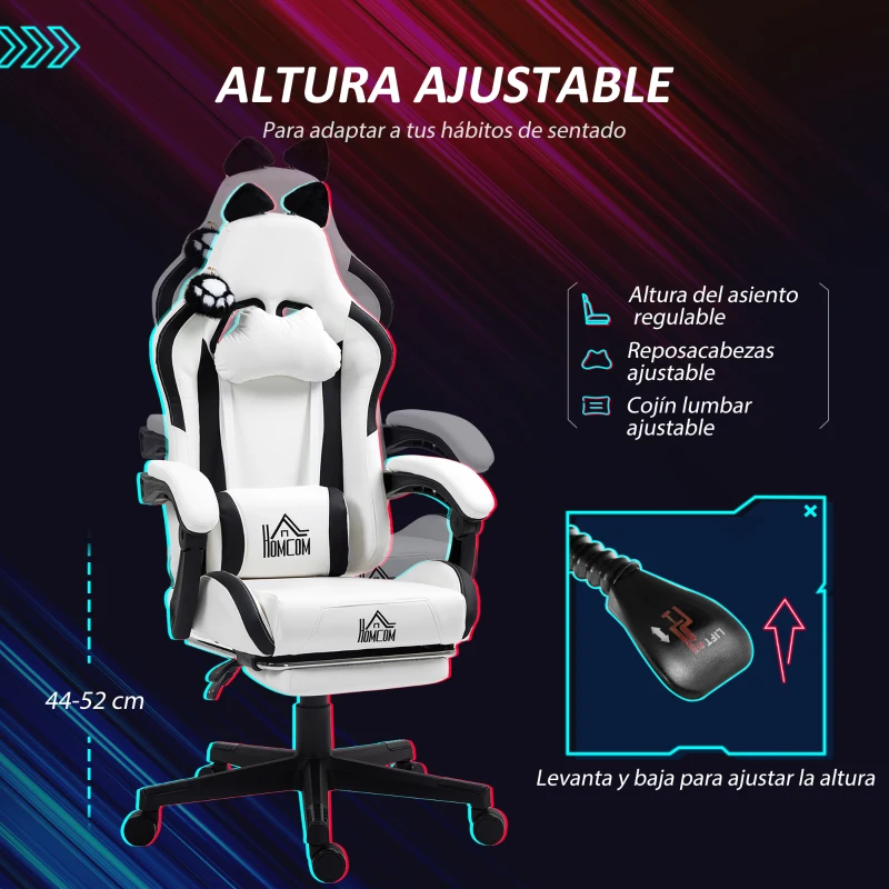 HOMCOM Silla Gamer Reclinable con Altura Ajustable Reposapiés Retráctil Soporte Lumbar y Reposacabezas Desmontable Blanco