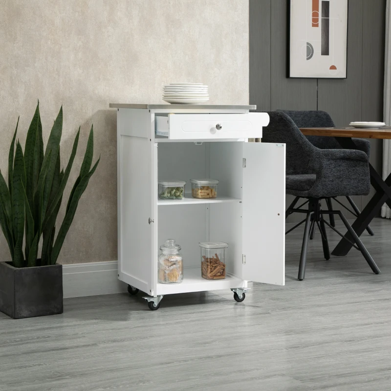 HOMCOM Carrinho de Serviço para Cozinha com Rodas 1 Gaveta 2 Portas Prateleira Panos de Cozinha MDF Branco e Aço Inoxidável