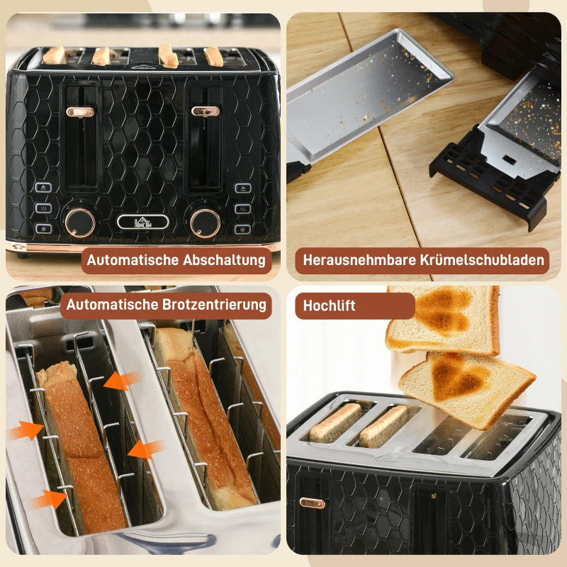 HOMCOM 4-Scheiben-Toaster mit 7 Bräunungsstufen, High-Lift, Aufwärmen/Auftauen/Abbrechen, 1860W, Schwarz mit Wabenstruktur