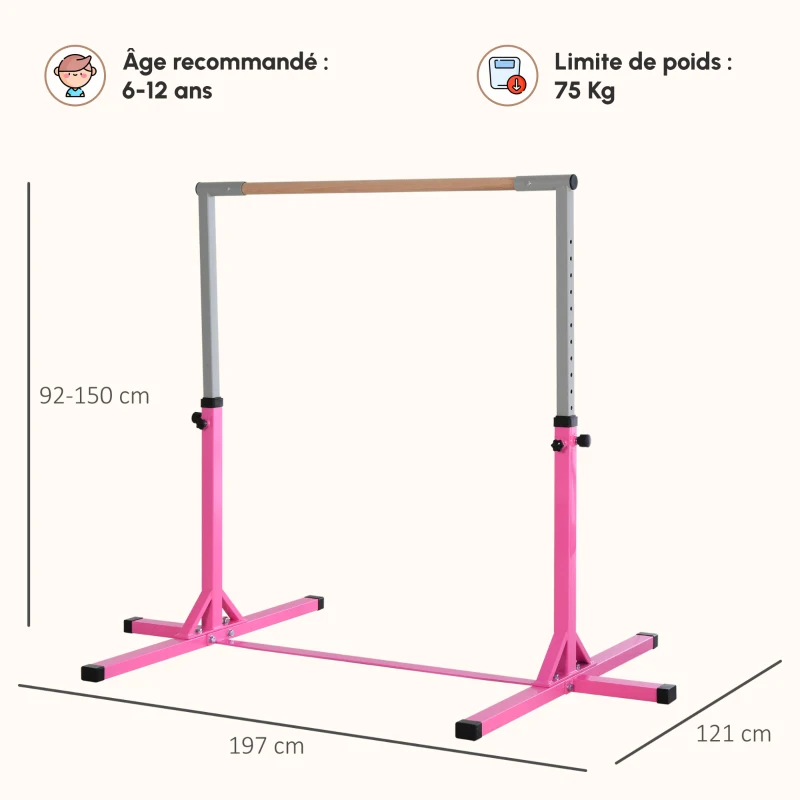 HOMCOM Barre fixe de gymnastique pour enfant, hauteur réglable 13 niveaux de 92-150 cm, en acier et bois en hêtre, barre de gym d'entrainement à domicile, antidérapant, facile à assembler, rose
