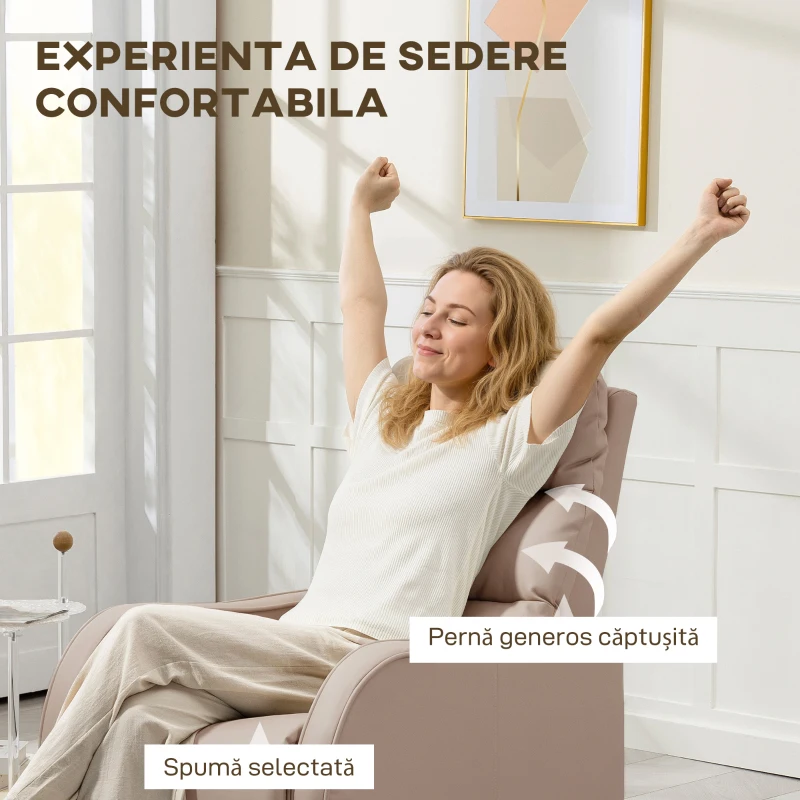 HOMCOM Fotoliu Reclinabil 160° cu Suport pentru Picioare, din Piele PU, Lemn și Oțel, 65x89x100 cm, Maro Deschis