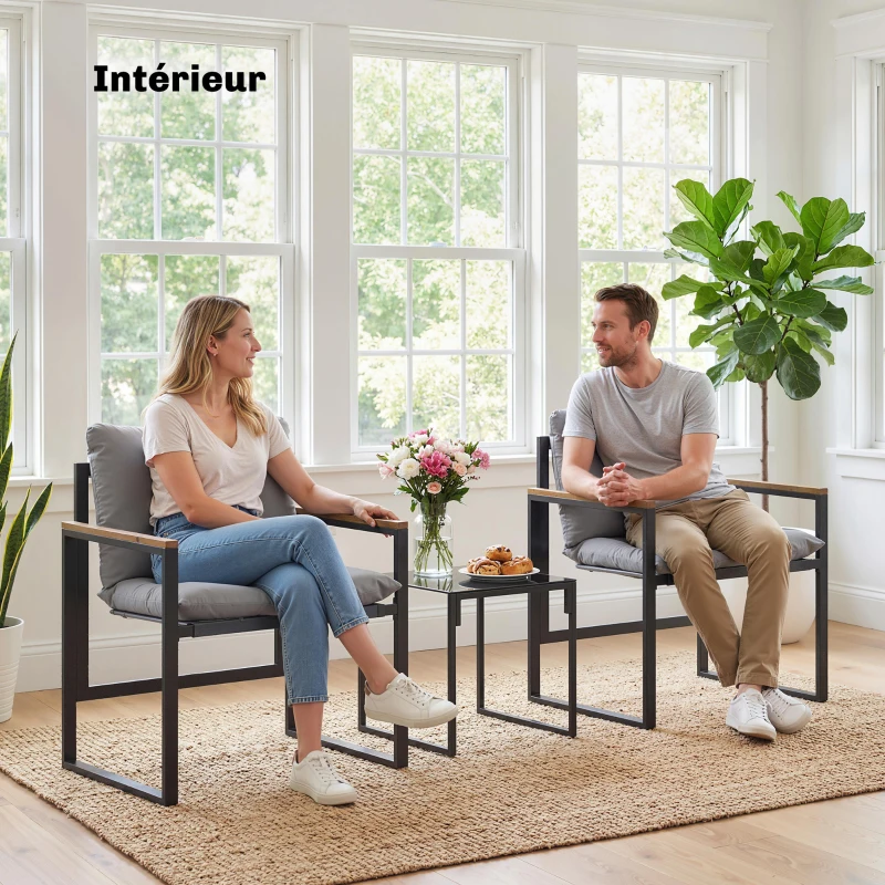 Outsunny Salón de jardín 3 piezas 2 plazas con 2 sillones 1 mesa auxiliar, sobre de vidrio templado y cojines, gris