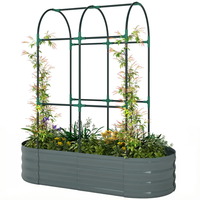 Outsunny Galvanised Raised Garden Bed with Arched Trellis, 4 x 2 x 4.6ft Metal Raised Bed for Garden with Open Bottom, Dark Grey