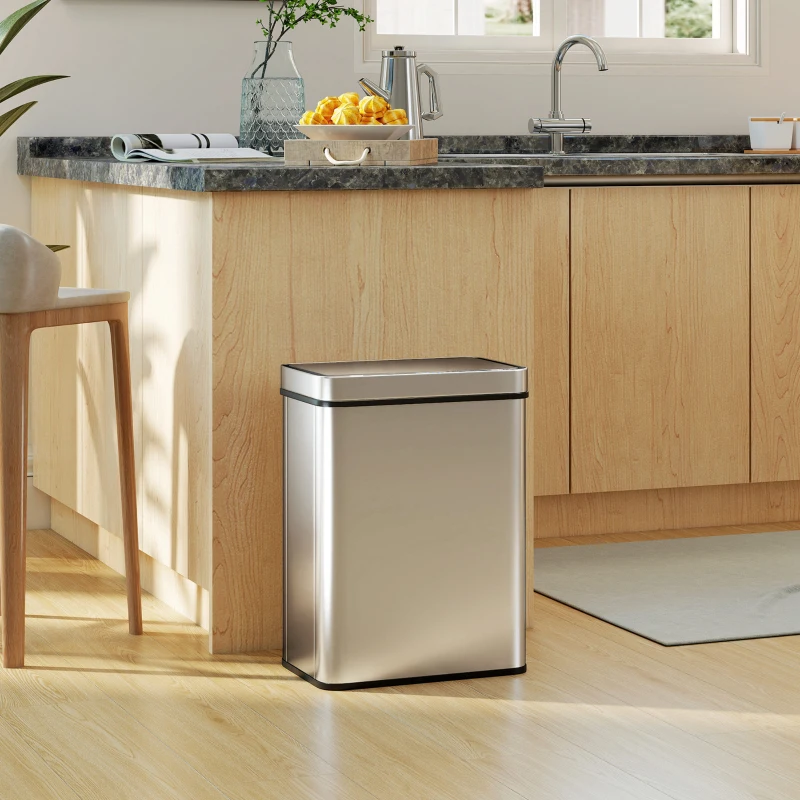 HOMCOM Papelera con sensor 50 L con cierre suave, papelera de cocina automática en acero inoxidable, plateado