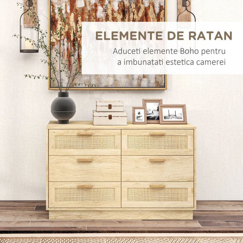 HOMCOM Comodă cu 6 sertare stil boho pentru dormitor și hol, din lemn și ratan, 110x40x69 cm, stejar