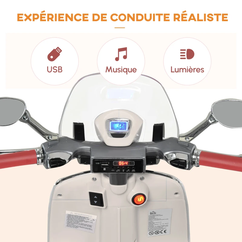 HOMCOM Vespa Scooter Moto électrique Enfants 6 V dim. 108L x 49l x 75H cm Musique klaxon 2 roues auxiliaires, 3-6 ans, Blanc