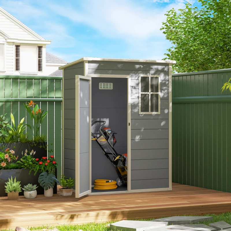 Outsunny 5' x 3' Garden Shed with Floor, Outdoor Storage Shed with Lockable Door, Window and Vent for Garden, Patio, Grey