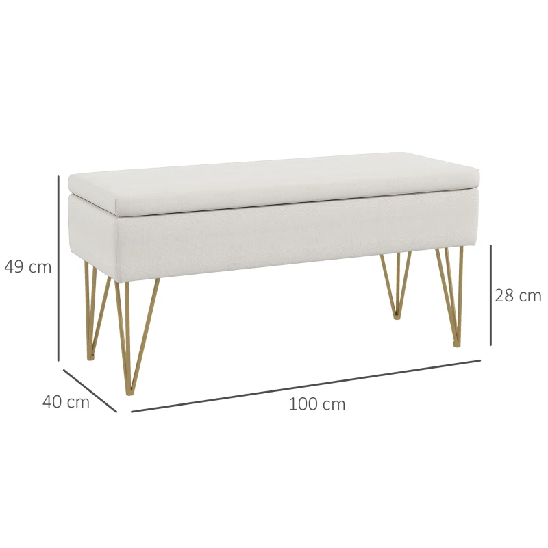 HOMCOM Banco para Pé de Cama Estofado em Tecido Sintético com Pernas de Aço e Assento Acolchoado 100x40x49 cm Creme