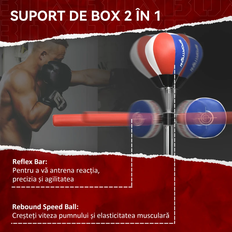 SPORTNOW Sac de Box pe Podea cu Bară Rotativă, Speedball și Țintă, din Oțel, HDPE și PU, 80.5x48x163-205 cm