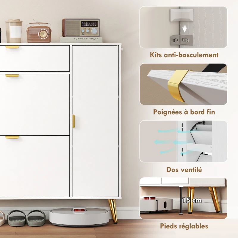 HOMCOM Mueble para 12 pares de zapatos, armario para zapatos, 2 cajones abatibles, 4 compartimentos, 99,4x23,8x106,6cm, blanco