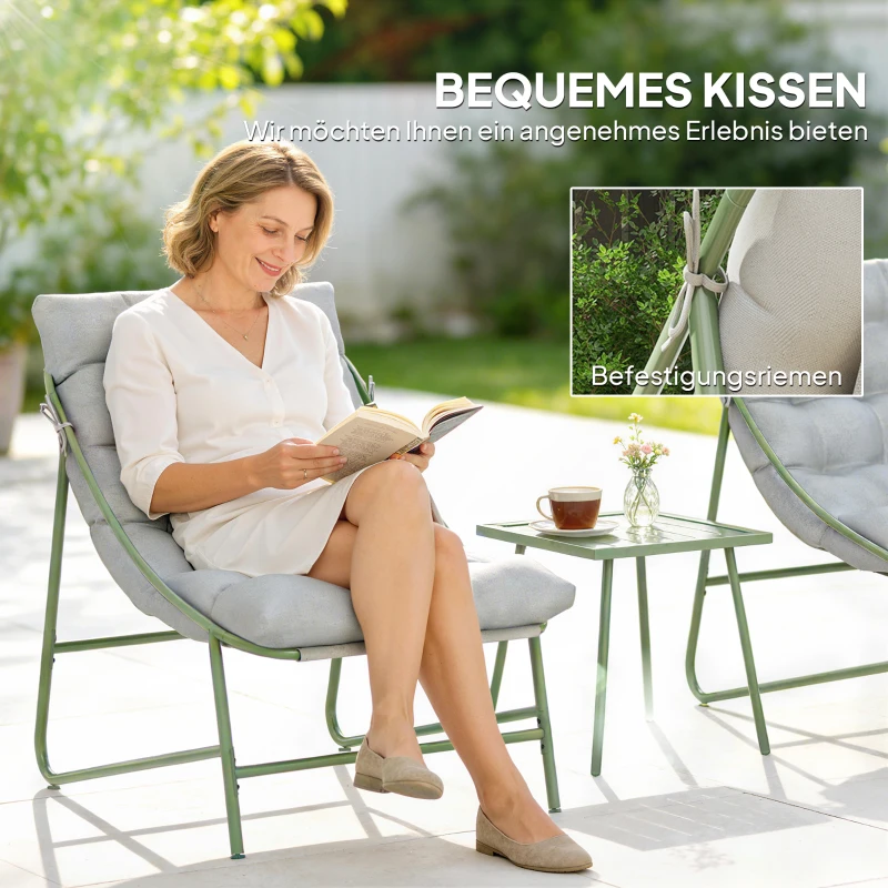 Outsunny Balkonmöbel Set 3 teilig Gartenmöbel Set mit Tisch Kissen Stahlgestell verstellbar Fußpads Hellgrau