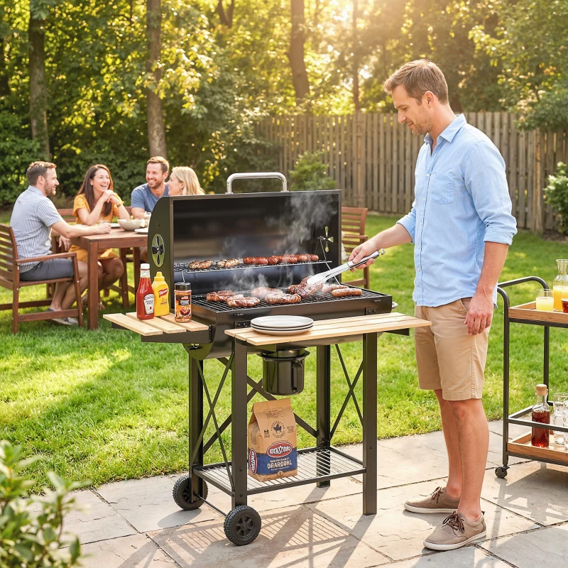 Outsunny Barbecue Charbon de Bois Chariot Grill de Jardin avec Couvercle Fumoir Tablette Pliable en Bois 109 x 71 x 98 cm Noir