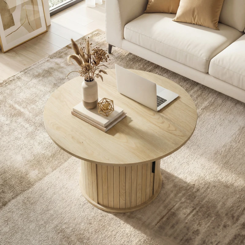 HOMCOM Mesa de centro redonda, mesa de salón con almacenamiento, puerta corredera de listones, 2 estantes, efecto madera natural