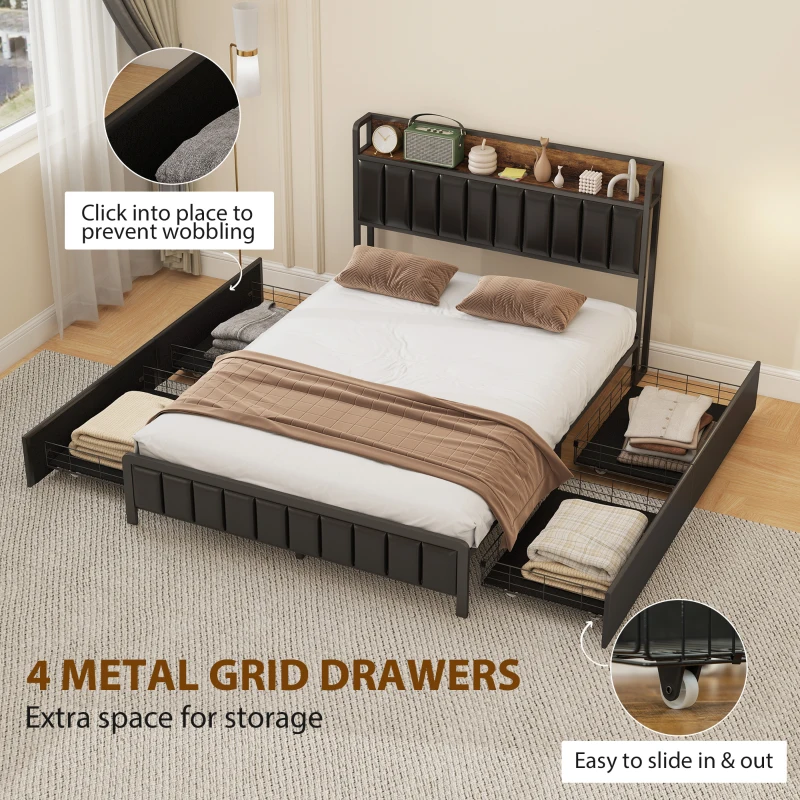 HOMCOM Cadre de lit 140 x 190 cm avec sommier à lattes en métal, lit double rembourré avec 4 tiroirs et étagère, noir