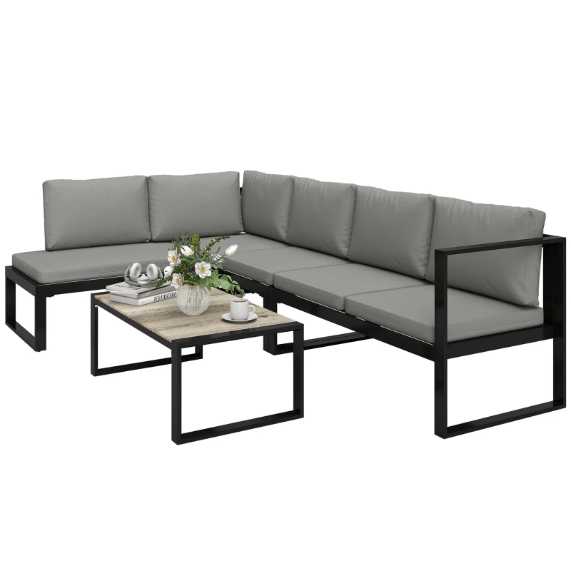 Outsunny Salón de Jardín Exterior de Esquina para 5 Personas con 2 Sofás, Silla Sin Reposabrazos, Mesa Baja, Gris Oscuro