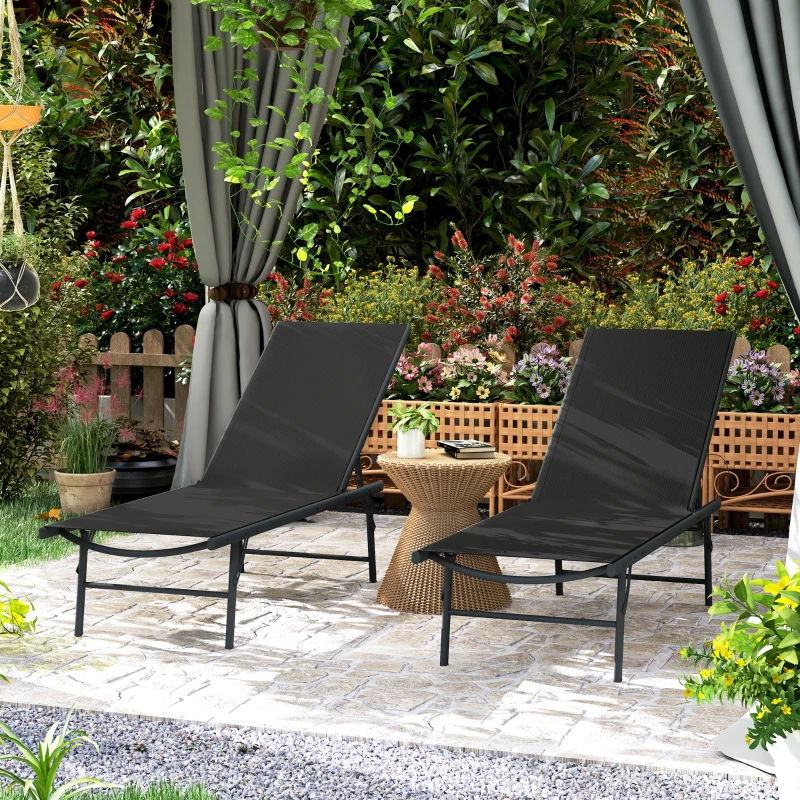Outsunny Conjunto de 2 espreguiçadeiras de sol espreguiçadeira dobrável textileno reclinável jardim exterior 54 x 164 x 84 cm preto