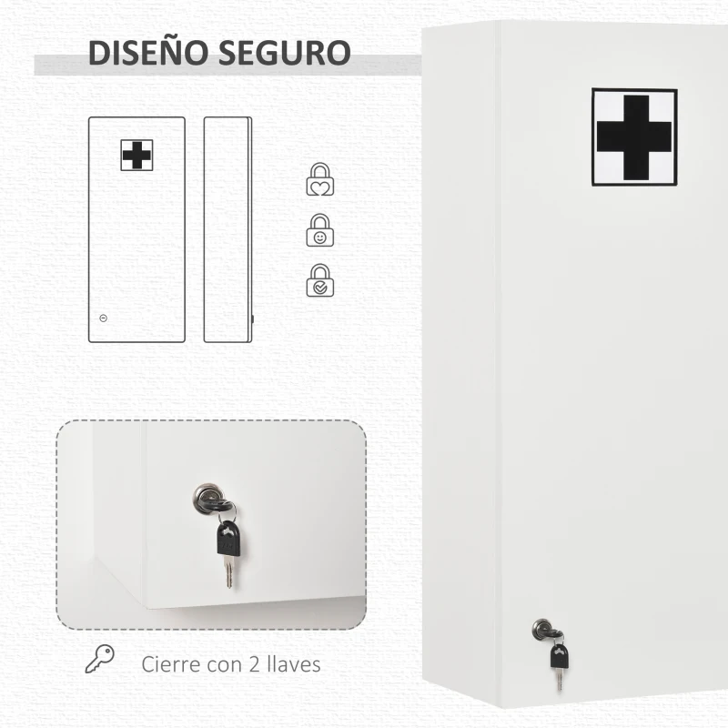 kleankin Botiquín de Pared de Primeros Auxilios 5 Niveles con Estantes Ajustables de Vidrio Cerradura Llaves 30x20x70 cm Blanco