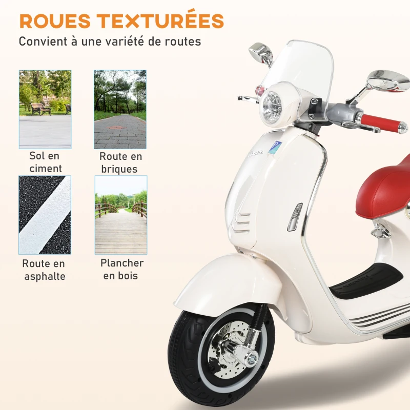 HOMCOM Vespa Scooter Moto électrique Enfants 6 V dim. 108L x 49l x 75H cm Musique klaxon 2 roues auxiliaires, 3-6 ans, Blanc