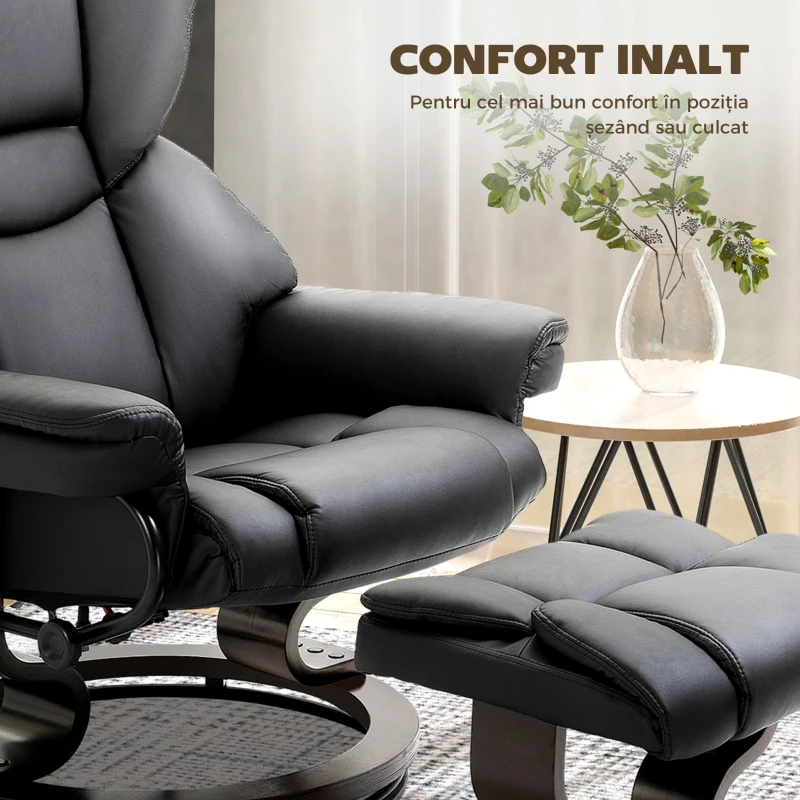 HOMCOM Fotoliu Relax cu Taburet Suport pentru Picioare și Funcție de Masaj, Rabatabil la 145° și Rotativ la 360°, Negru