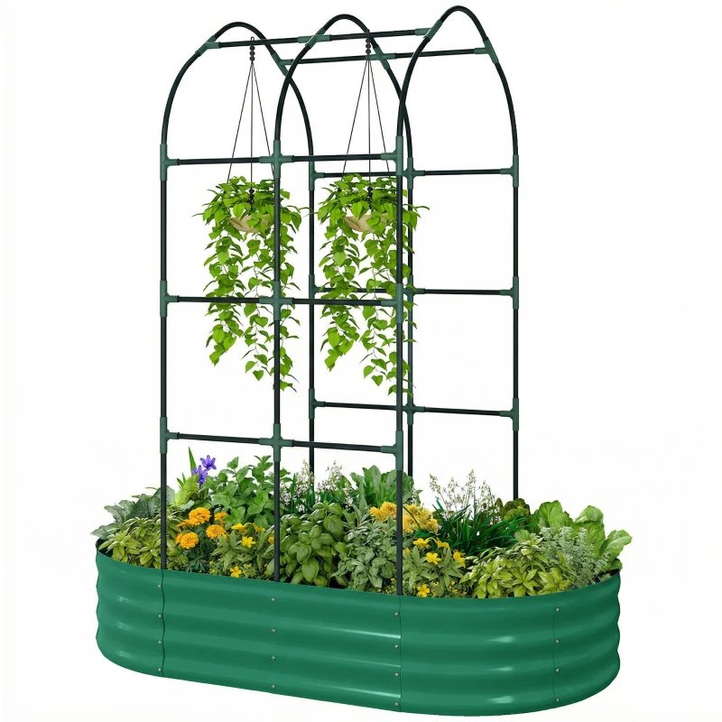 Outsunny Galvanised Raised Garden Bed with Arched Trellis, 5 x 3 x 6ft Metal Raised Bed for Garden with Open Bottom, Green
