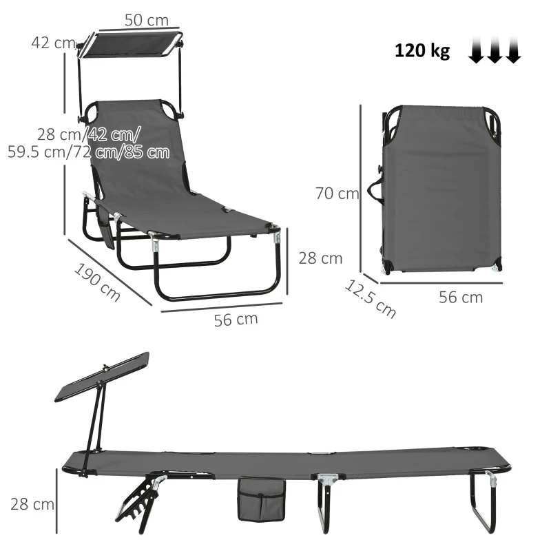 Outsunny Set of Two Folding Sun Loungers, with Adjustable Backs and Sun Canopies - Grey