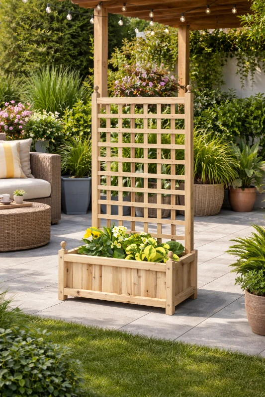 Outsunny Garden Planters with Trellis for Climbing Vines, Wood Raised Beds for Garden, Flower Pot, Indoor Outdoor, Natural
