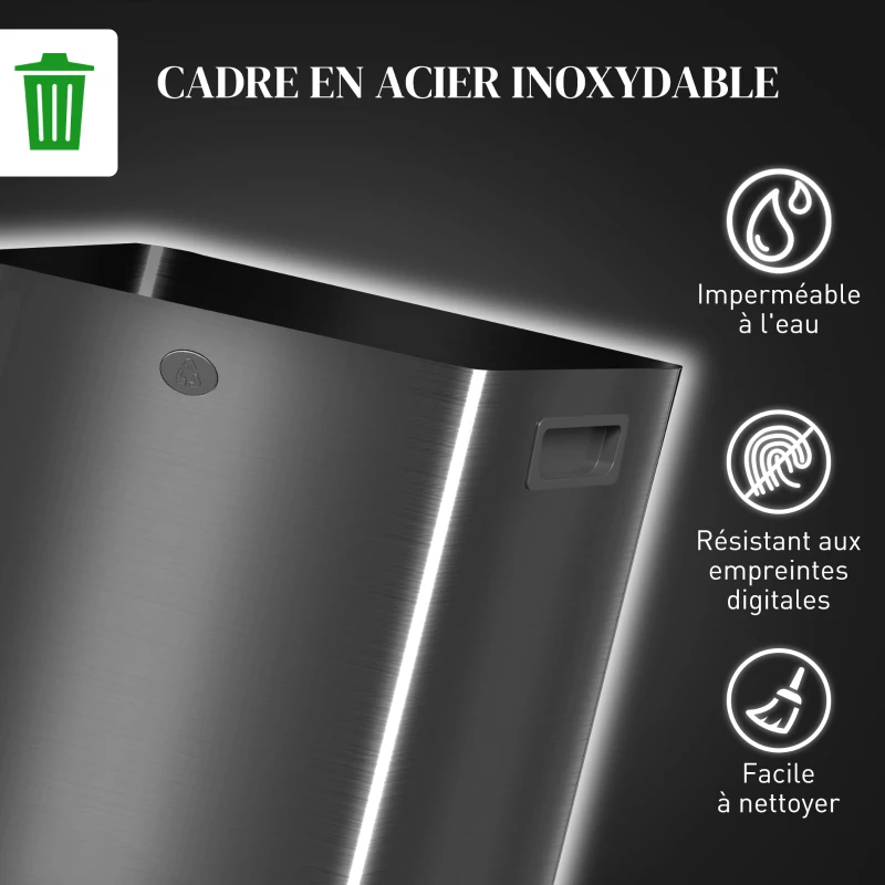 HOMCOM Cubo de cocina 2 compartimentos de 2 x 20 L, acero inoxidable, tapa con cierre suave, 45,8x36x51,6 cm, negro