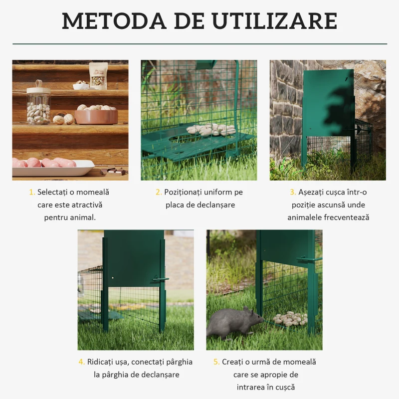 Outsunny Cușcă Capcană pentru Animale Mici cu O Ușă și Mâner, 100x25x28 cm, Verde Închis