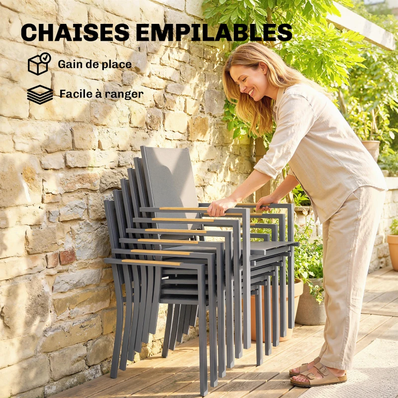 Outsunny Salon de Jardin Ensemble Mobilier de Jardin 7 Pièces Table Effet Bois 6 Chaises Empilables en Textilène 140x80x72cm Gris
