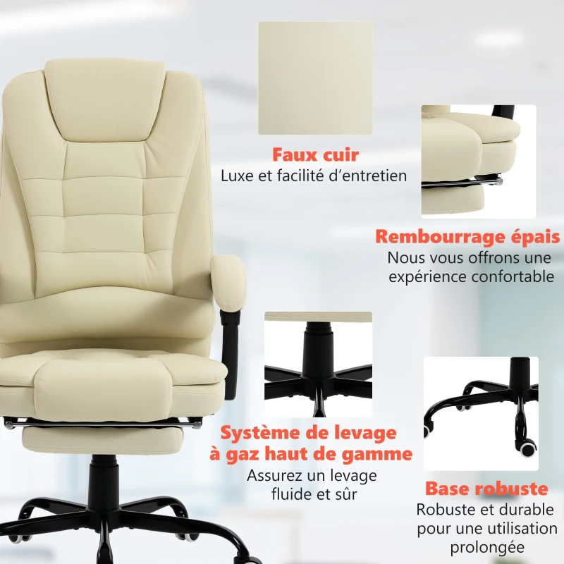 Vinsetto Cadeira de escritório com massagem, cadeira de escritório com altura ajustável, encosto reclinável e telecomando com fio, bege
