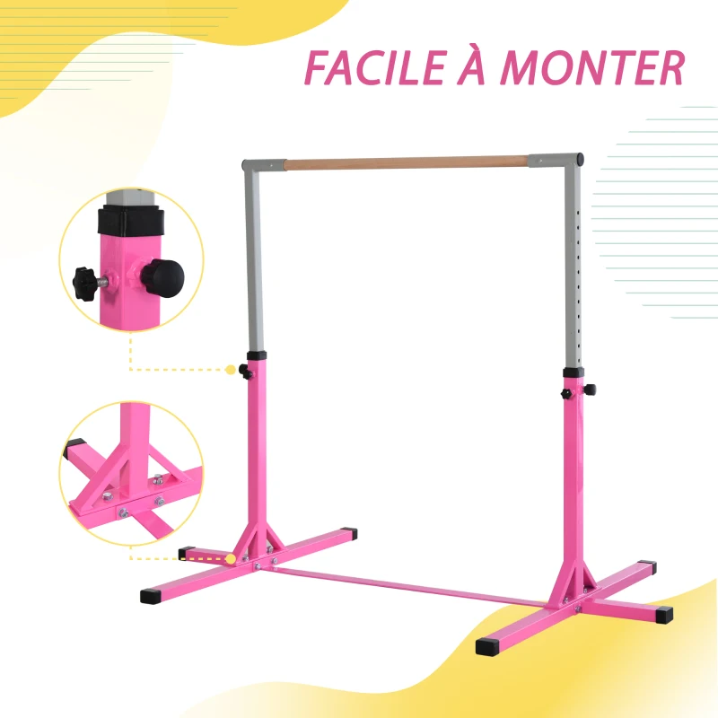 HOMCOM Barre fixe de gymnastique pour enfant, hauteur réglable 13 niveaux de 92-150 cm, en acier et bois en hêtre, barre de gym d'entrainement à domicile, antidérapant, facile à assembler, rose