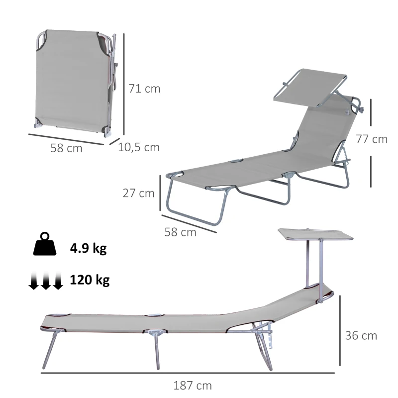 Outsunny Outdoor Foldable Sun Lounger, 4 Level Adjustable Backrest Reclining Sun Lounger Chair with Angle Adjust Sun Shade Awning for Beach, Garden, Patio, Light Grey
