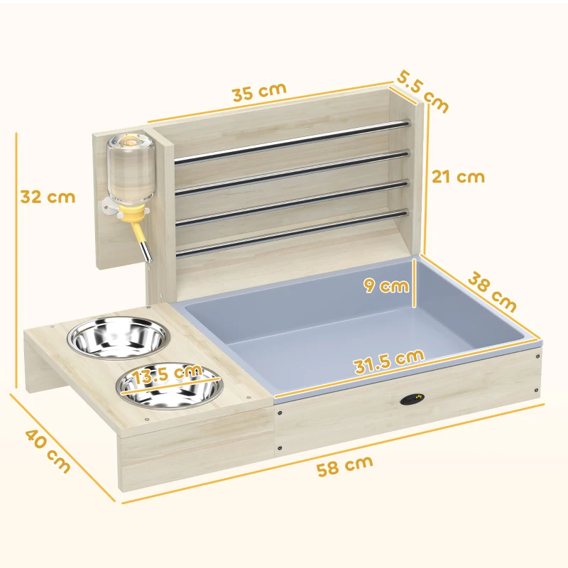 PawHut Suport pentru Fân din Lemn pentru Iepuri Hrănitor Iepure 3 în 1 cu Tavă pentru Așternut și Sticlă de Apă 58x40x32cm Lemn Natural