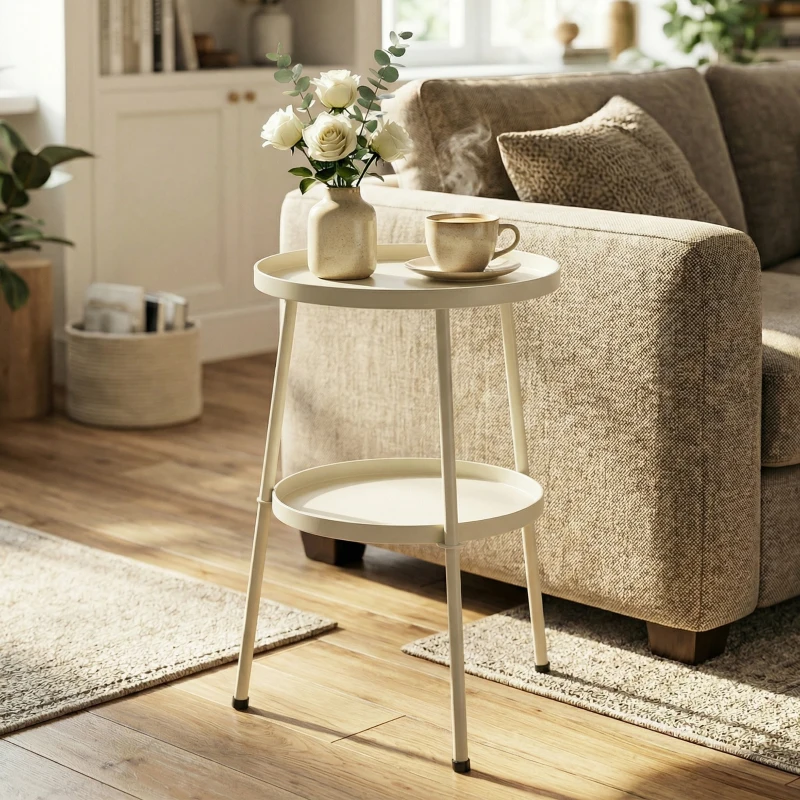 Outsunny Mesa de jardín Ø36 cm, mesa de balcón de metal, mesa auxiliar exterior redonda para jardín, terraza y balcón, blanco crema