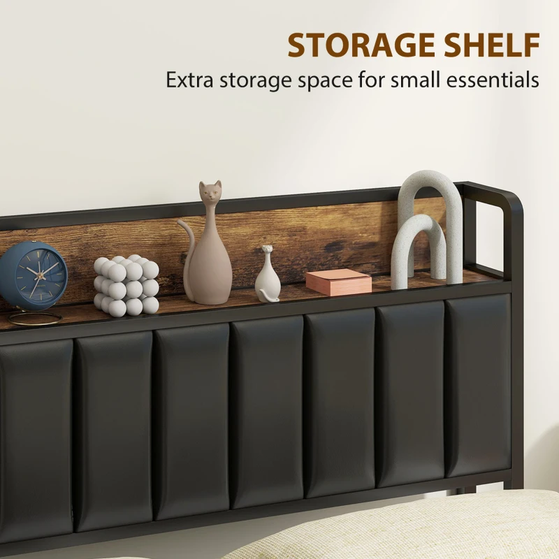 HOMCOM Cadre de lit 140 x 190 cm avec sommier à lattes en métal, lit double rembourré avec 4 tiroirs et étagère, noir