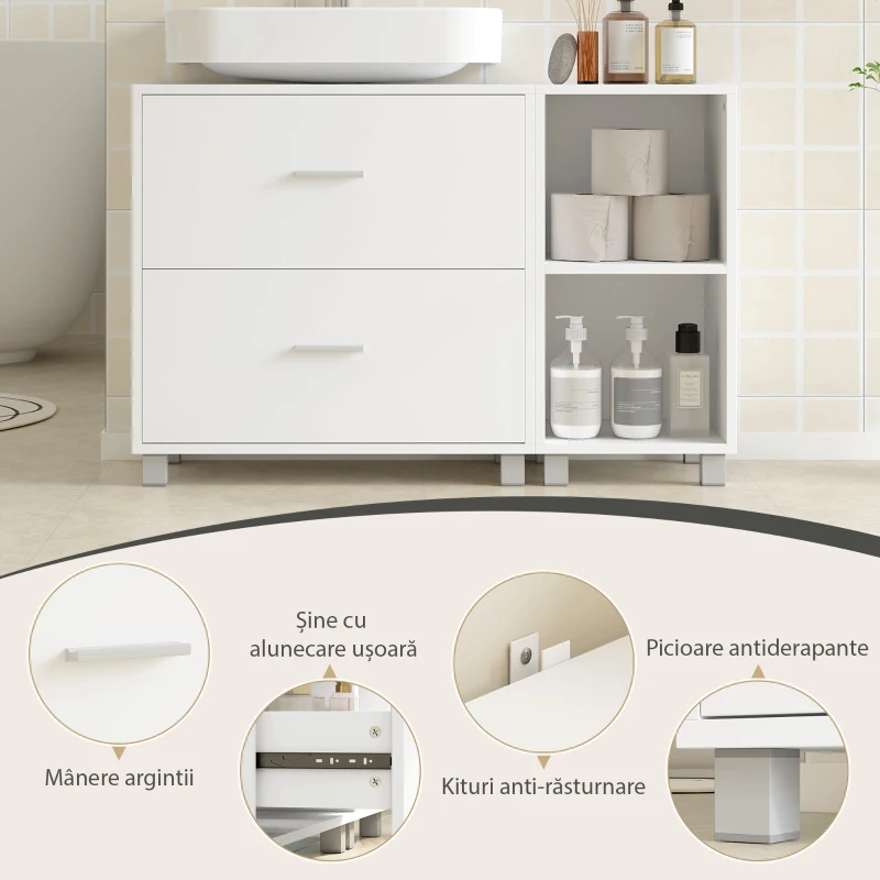 HOMCOM Dulap Modern pentru Chiuvetă, pentru Lavoare cu sau fără Picior, Alb