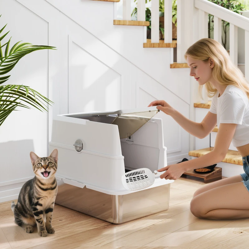 PawHut Caixa de Areia para Gatos Grandes em Aço Inox com Tampa Rebatível, Pá e Desodorizante, Cinza Claro