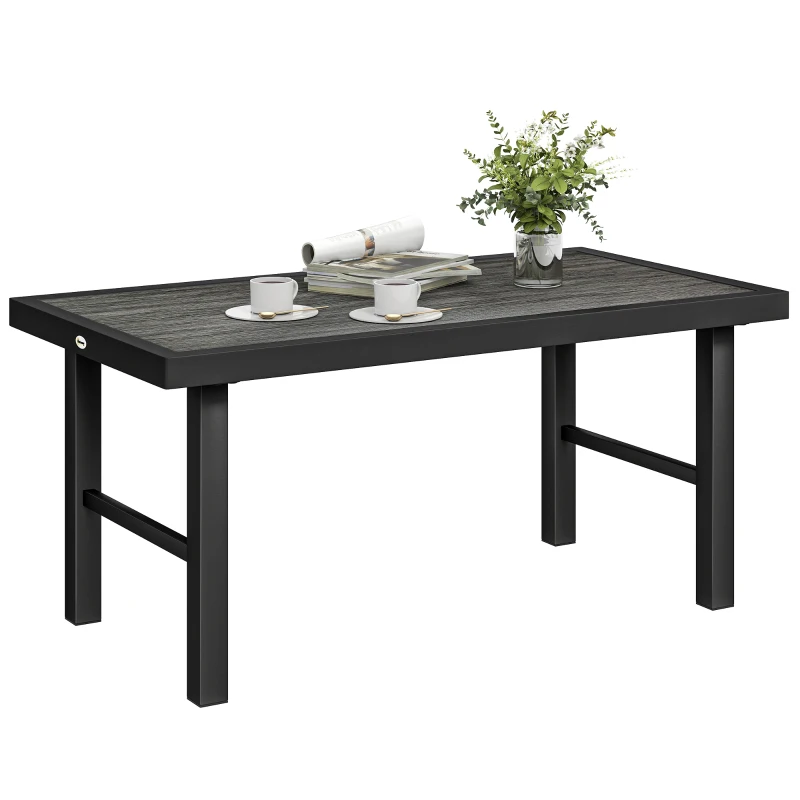 Outsunny Metal Garden Coffee Table, Outdoor Side Table with SPC Woodgrain Tabletop for Outside, 100 x 52 x 46cm, Dark Grey