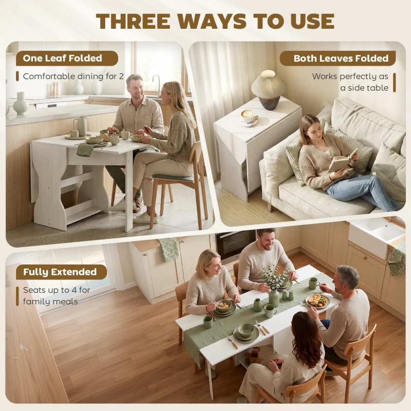 HOMCOM Klapbare Eettafel Keukentafel met Opbergruimte voor 2-4 Personen Klaptafel voor Kleine Ruimtes Eetkamer 160 x 60 x 75 cm Wit