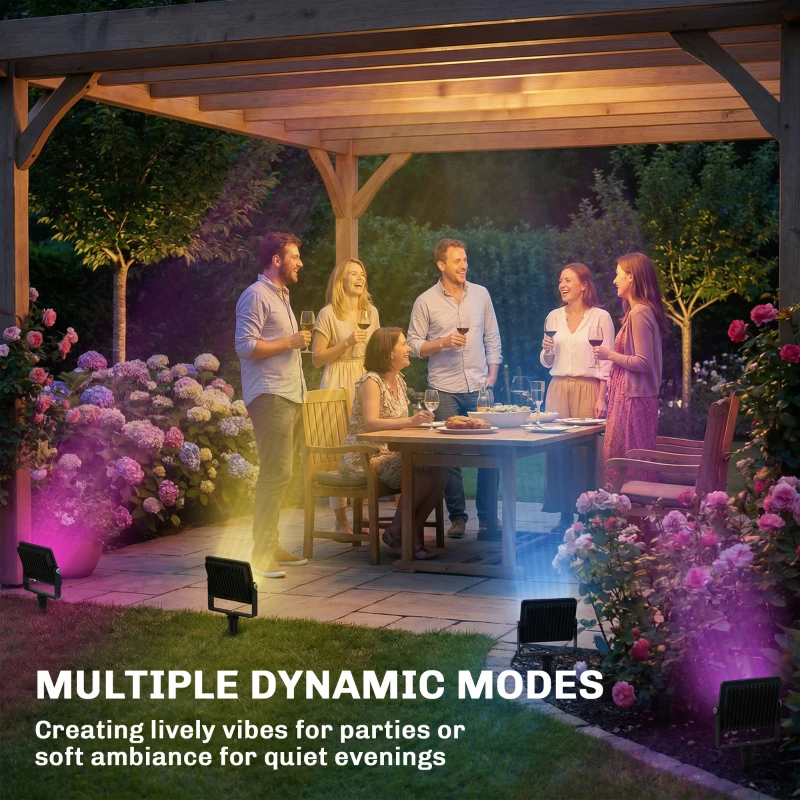 Outsunny 32W LED Floodlights, Linkable 4-Pack Landscape Lighting with Remote Control, RGB Colour Changing, UK Plug, Black